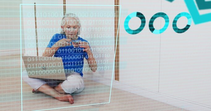 Tapping senior woman using phone and laptop at home, wearing blue top, holographic overlay, glasses