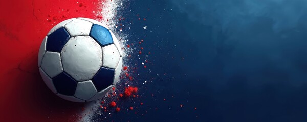 Fototapeta premium Football ball with France flag colors red and blue splashes. Grunge sports background with copy space for text. Soccer match or tournament announcement.
