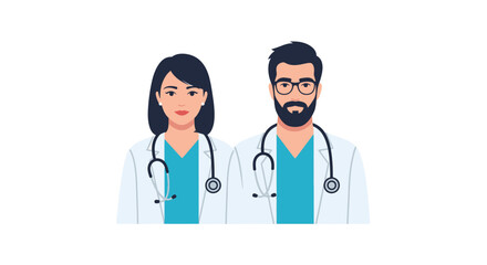 Fototapeta premium Professional Male and Female Doctors Portrait. Healthcare Team Avatars, Physicians in Lab Coats with Stethoscopes, Modern Vector Illustration.