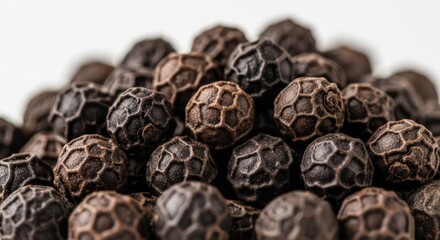 Obraz premium Close up of black peppercorns isolated against a white background for culinary use