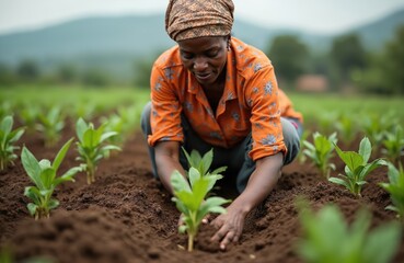 Fototapeta premium Woman farmer plants small green sprouts in dark soil row. Rural worker cultivates crops outdoors on sunny day. Green plants grow in field. Young seedlings in cultivated earth.