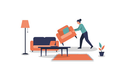 Fototapeta premium Man Lifting Orange Sofa in Living Room.