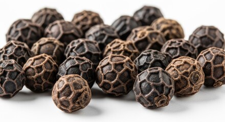 Close up of black peppercorns on white background cooking ingredient