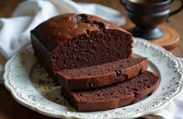 Rich chocolate loaf cake is freshly baked and sliced. Served on a decorative plate with a cup of coffee. Perfect for dessert, baking, or tea time.