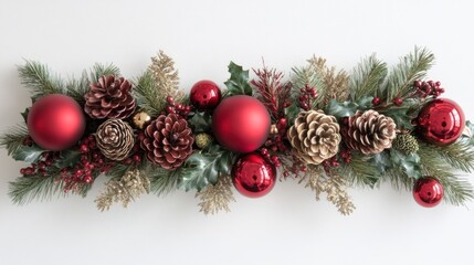 Vibrant Christmas Garland Adorned with Traditional Red Baubles, Golden Pinecones, and Evergreen Sprigs, Perfect for Festive Holiday Decor and Seasonal Celebrations