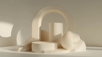 Abstract Minimalist Beige and Cream Podium Display with Geometric and Organic Shapes Under Natural Light and Soft Shadows, Ideal for Product Presentations and Aesthetic Backgrounds