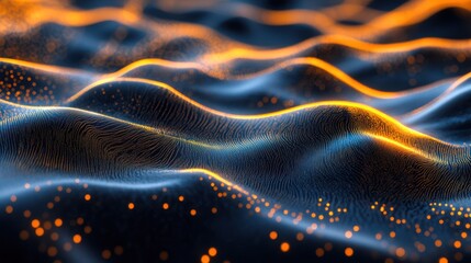 Abstract digital landscape of glowing blue and orange particles forming dynamic waves, representing intricate data flow, advanced technology, and network connections