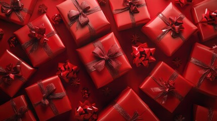 A festive array of red gift boxes, beautifully wrapped with bows and ribbons, scattered across a crimson background, symbolizing joy, love, and celebratory moments