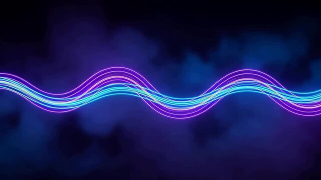 Vibrant wavy lines dance across dark blue background, neon lights, abstract, flowing, energy