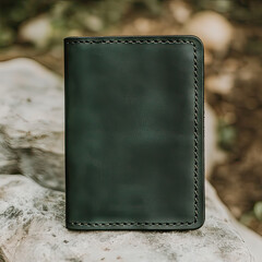 A dark green leather wallet sitting on a rock outdoors