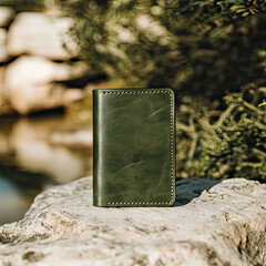 A stylish green leather wallet sitting on a rock outdoors
