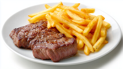 白背景に盛り付けられたジューシーな厚切りビーフステーキと黄金色のフライドポテトのセット