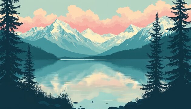 Serene mountain lake reflects snow capped peaks and pastel clouds. Dark pine trees frame the tranquil water and rugged landscape. Natural beauty in artistic graphic style.