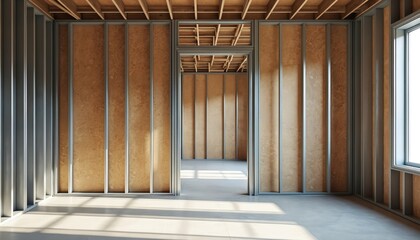 Interior view of unfinished building space. Metal stud framing and osb sheathing form partition walls. Natural light streams in from window onto concrete floor. New home construction.
