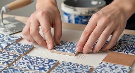 Installation of decorative tiles using a patterned design by skillful hands