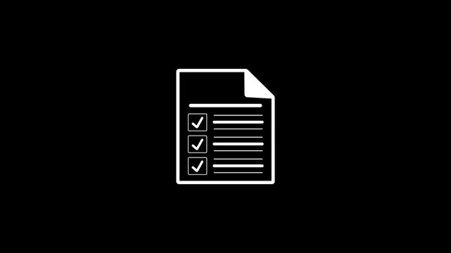 A white checklist on a black background, depicting a document with three rows, each containing a checkbox and horizontal lines, representing tasks, to-do lists, or completed Keywords: checklist