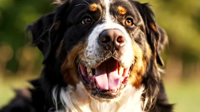 Bernese Mountain Dog Smiling Outdoors.