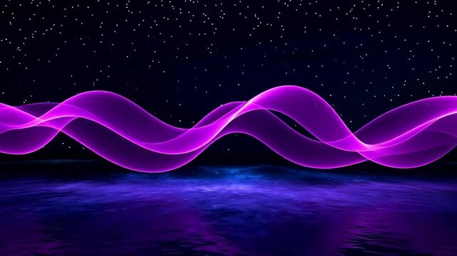 Glowing purple waves undulate across a starry night sky with a dark blue reflective surface viewed from a distance