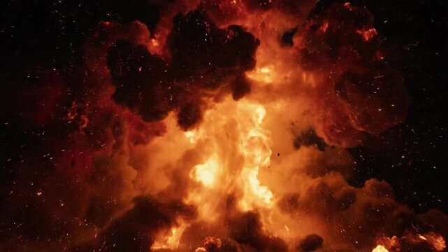 Massive fiery detonation showing a bright orange fireball and flying sparks on black, great for action movie VFX or dramatic event openers.