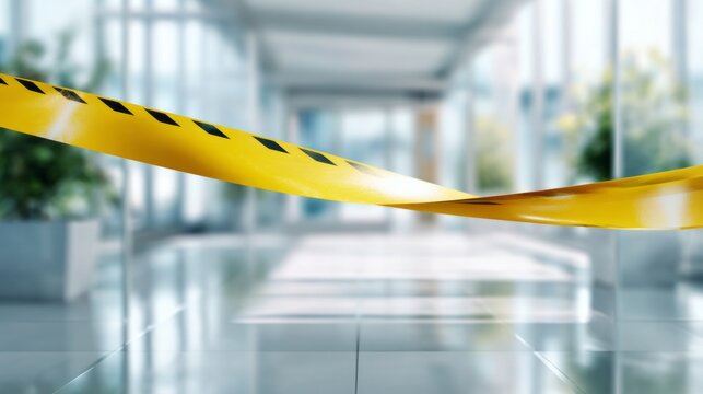 Yellow caution tape creating a barrier in a modern office hallway, indicating restriction, danger, or a restricted area