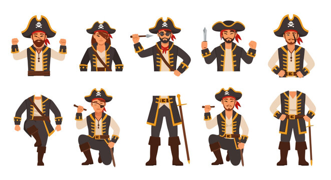 Set of cartoon pirates in various poses and actions, historical costumes, vector illustrations