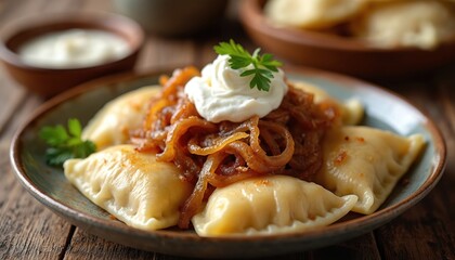 Plate of pierogi dumplings with sauteed onions and dollop of sour cream on rustic wood table. Garnished with parsley leaf for fresh flavor. Traditional Polish comfort food.