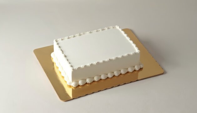Blank white rectangular cake sits on gold board. White frosting borders top and sides. Perfect for adding custom text or images for events and celebrations. Copy space available.