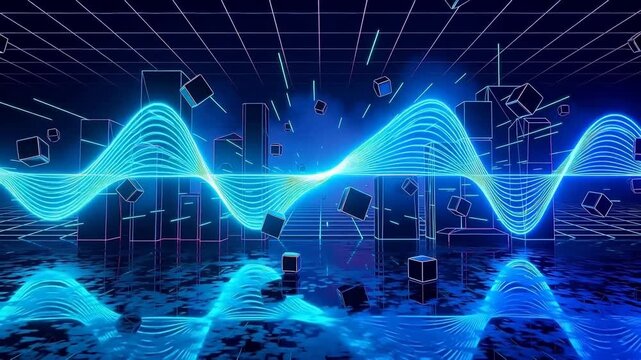 Digital waveform visualization with 3D cubes and grid pattern in a futuristic technology landscape