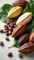 Obraz premium Ripe cocoa pods and beans arranged with green leaves on light surface. Chocolate ingredients show natural raw cacao fruit varieties. Tropical harvest for delicious sweet treats.