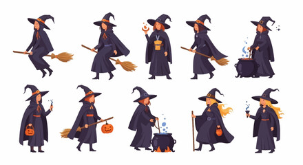 A witch in various dynamic poses with magical objects, set against a plain white background, from multiple viewpoints showcasing her movements and actions