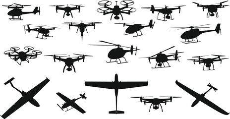 drone, helicopter, airplane, silhouette, aviation, aircraft, technology, unmanned, aerial, vehicle, flight, transport, surveillance, military, black, white, vector, illustration, isolated, background © Ashadujjaman