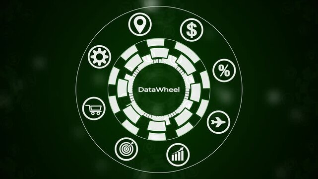 Digital dashboard interface with the text Data Wheel at its center, encircled by white for business and data analysis on a dark green gradient background with soft bokeh lights