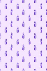 Isometric purple baby bottles seamless pattern on soft lavender background for infant care and parenting design concepts