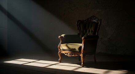 Ornate armchair sits bathed in sunlight streaming through a window in a dimly lit room, creating a dramatic and contemplative atmosphere.
