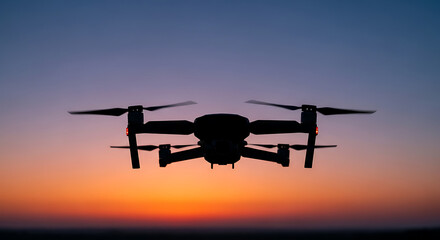 Drone flies against a vibrant sunset sky, capturing the beauty of the horizon with its silhouette and the warm colors of the evening sky.