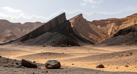 Majestic mountains rise from the arid desert landscape in the Negev, Israel, under a clear sky, showcasing the raw beauty of nature's formations.
