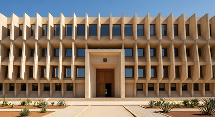 Modern building with symmetrical facade stands tall against clear sky, showcasing architectural precision and contemporary style in urban landscape.