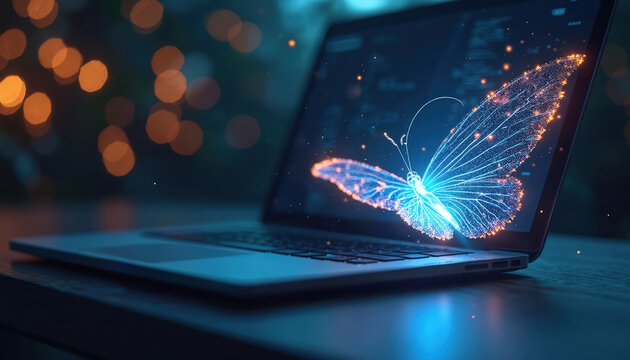 Glowing digital butterfly emerges from laptop screen. Abstract light wings spread from computer interface. Futuristic tech concept with data points and energy glow.