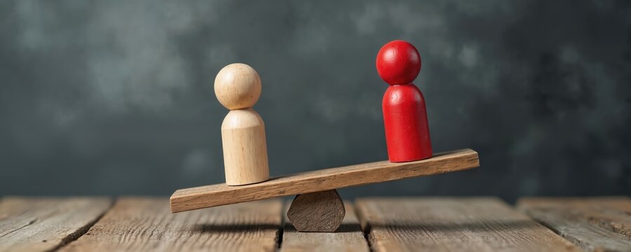 Wooden figures on a seesaw show imbalance and unfairness. One figure is red and heavier, causing the tilt. Represents inequality in society, work, or life.