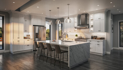 Modern kitchen with white cabinets, quartz countertops, stainless steel appliances, a large island with bar stools, and pendant lighting, real estate
