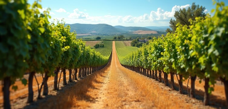 Expansive vineyard landscape with rolling green hills, dirt road winding through rows of grape vines under clear blue sky. Scenic view evokes rural charm, agricultural beauty, perfect for travel,