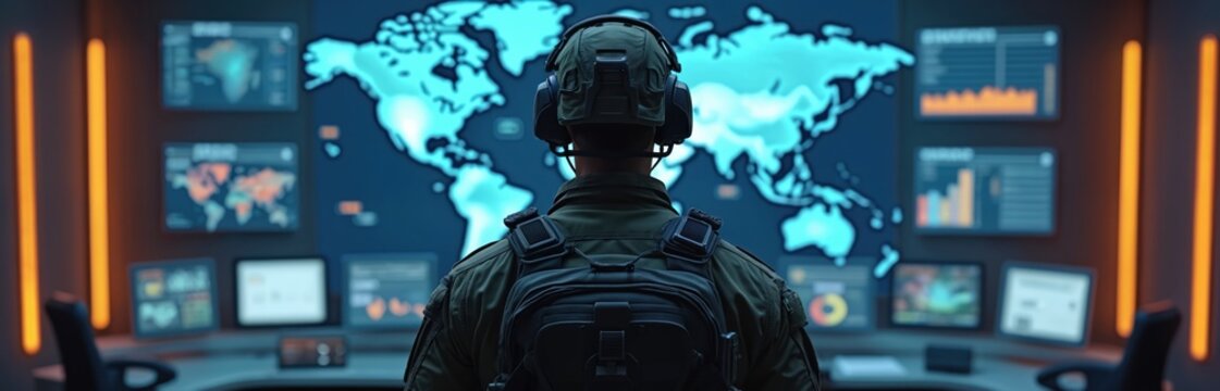 Soldier monitors global data on screens in command center. Military analyst uses tech for strategy and intelligence gathering. Operates surveillance system, coordinates response, manages resources.