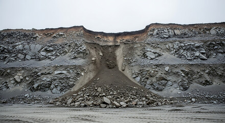Abandoned quarry shows erosion and geological layers under overcast sky, displaying the impact of mining on the environment and the passage of time.