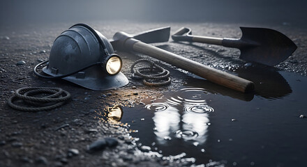 Mining equipment resting near puddle reflects light in dark underground mine after hard day's work, representing industry and labor in a somber mood.