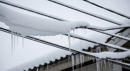 Snow and icicles cling to overhead power lines during a winter storm, creating a beautiful, yet potentially dangerous, scene in a residential neighborhood.