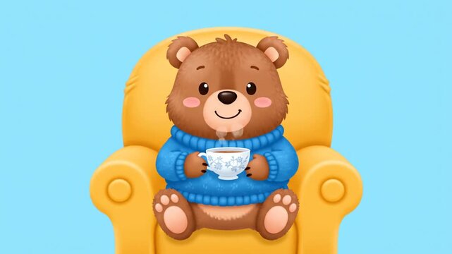 Cartoon bear drinking tea
