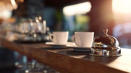Fototapeta premium Service bell standing on reception desk, two coffee cups and bokeh background, concept of hospitality and waiting