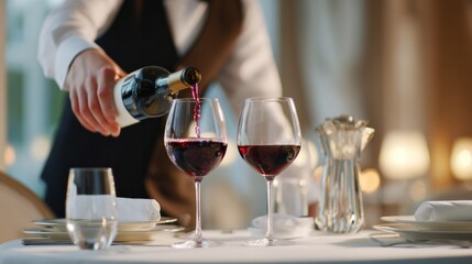 Obraz premium Waiter pouring red wine into glasses at a restaurant table, providing luxury service and fine dining experience