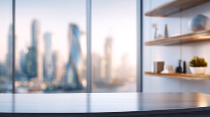 Fototapeta premium Empty desk surface in modern executive office with blurred city skyline and shelves background