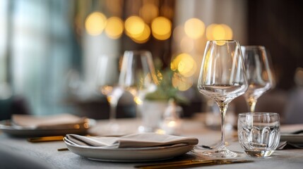 Fototapeta premium Elegant restaurant table setting with empty wine glasses, celebrating a special occasion with soft bokeh lights